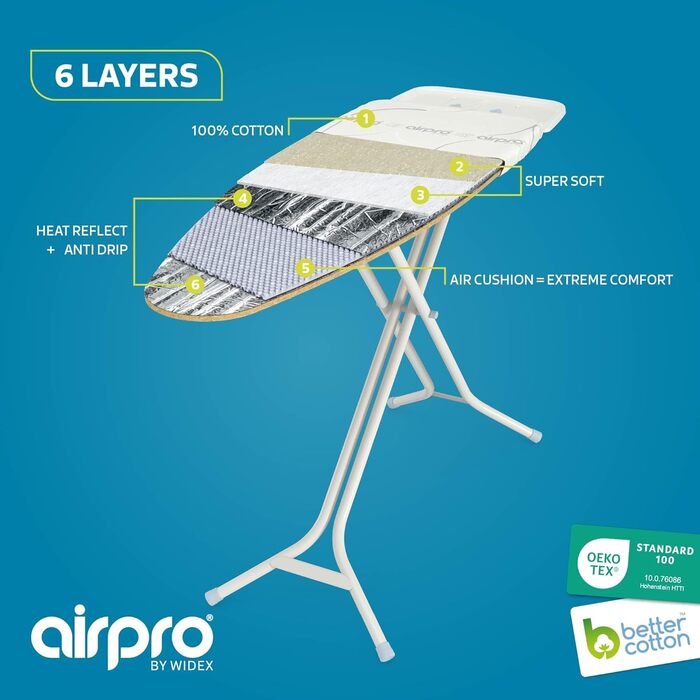 Чохол для прасувальної дошки Airpro By Widex, 6-шаровий, XL (до 125x50 см), універсальний, для парових прасок, швидке прасування, вироблено в Європі