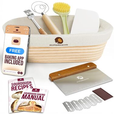 Набір для випічки закваски Superbaking: корзини Banneton (круглі 22.9 см та овальні 25.4 см), стартер та інструкція