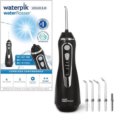 Waterpik Advanced Бездротова Іригатор для Рота, Тестер-Переможець 2024, Технологія Precision Pulse, до 99,9% видалення нальоту, 4 насадки, 3 режими, Індукційна зарядка, Білий (Cordless Advanced Black)
