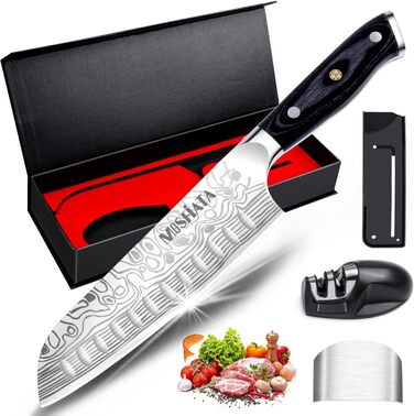 Ніж кухарський MOSFiATA Santoku, професійний ніж для кухні, універсальний ніж з нержавіючої сталі, дуже гостре лезо, з подарунковою коробкою 7