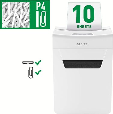 Leitz IQ 10X Premium Protect: Шредер для документів, партіковий зріз, 11-10 аркушів, тихий, компактний, сертифікований, 18л контейнер, для офісу та дому, білий