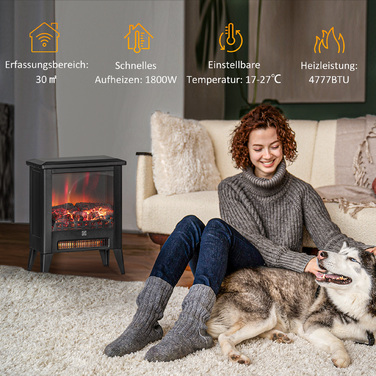 Електричний камін HOMCOM Електричний камін з обігрівачем, світлодіодний ефект полум'я, 1800 Вт стоячий камін з низьким рівнем шуму, захист від перегріву для вітальні, спальні, чорний
