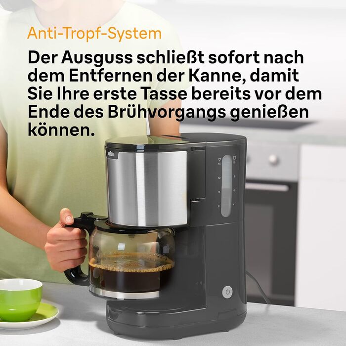 Кавоварка Braun PurShine KF 1500 BK, фільтраційна, скляний глечик 10 чашок, OptiBrew, авто-вимкнення, 1000 Вт, чорна