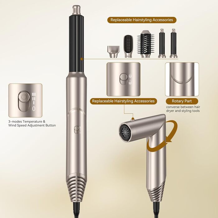 UKLISS Airstyler 5-в-1: Фен-щітка, стайлер для волосся з іонізацією, випрямляч, плойка для локонів, насадки для укладання. Золото-білий колір