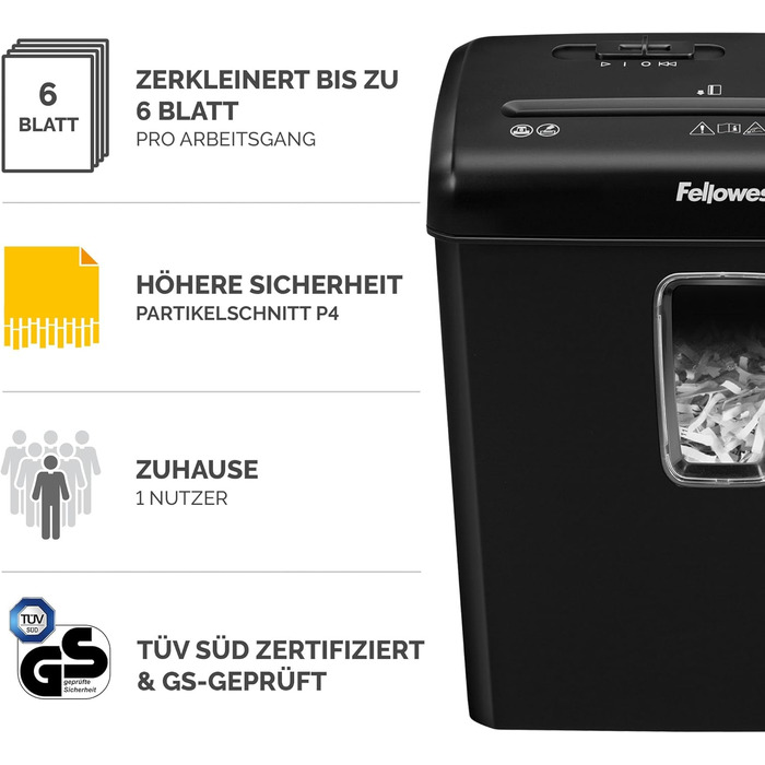 Шредер Fellowes Powershred FS-6C для дому та офісу, знищення документів (P4, 6 листів, перехресне подрібнення), чорний, 15л корзина, знищує картки та скріпки