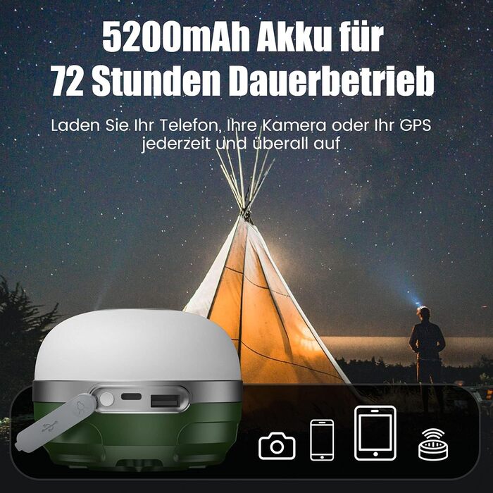 LED кемпінговий ліхтар із RGB підсвічуванням, 5200mAh, USB-заряджання, 6 режимів яскравості, магніт, димірування, для кемпінгу, походів та надзвичайних ситуацій