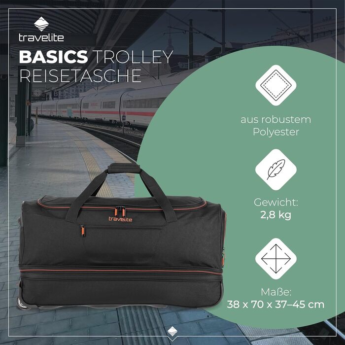 Дорожня сумка на колесах Travelite Basics Duffle L, 70 см, 98-119 л, чорно-помаранчева