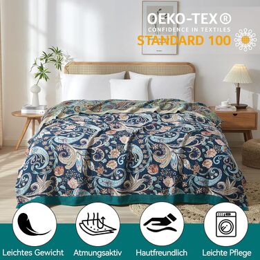 Преміум плед Bailix Boho з 100% бавовни, двостороння муслінова ковдра 200x230 см для дивана та ліжка, декоративна patchwork ковдра в стилі бохо, колір Indigo-traum