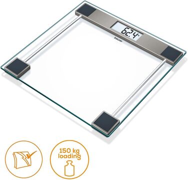 Ваги підлогові Beurer Cristal GS 11, скляні, електронні, LCD-дисплей, до 150 кг, прозорі