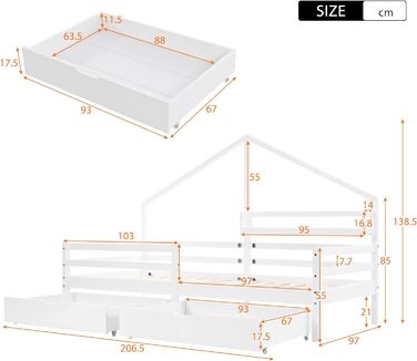 Ліжко дитяче Merax 90x200 з бортиками, ящиками та полицею, біле. Дерев'яне ліжко-будиночок для дітей.