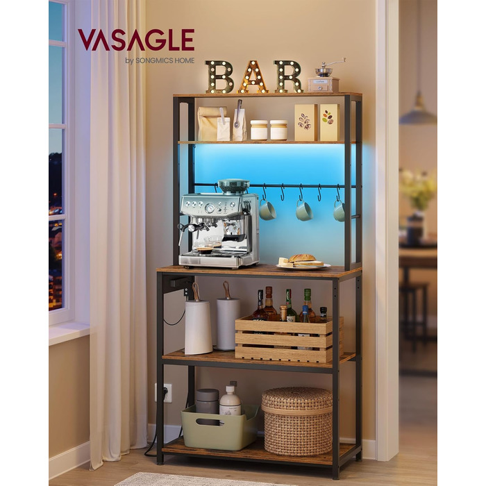 Стелаж для кухні VASAGLE з LED-підсвіткою та розетками, полиця для мікрохвильовки з регульованими полицями та 8 гачками, 40 x 80 x 168,4 см, колір: вінтажний коричневий / матовий чорний, KKS050YA01