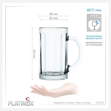 Набір скляних пивних кухлів PLATINUX з ручкою, 500 мл, 6 шт. (макс. 650 мл), прозорі пивні келихи, кухлі для пива, 0,5 л, 0,6 л