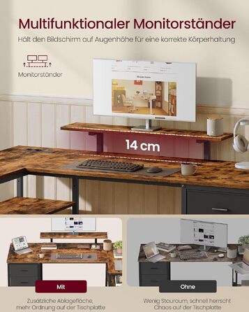 Кутовий комп'ютерний стіл VASAGLE з розетками та USB, 160x80 см, Vintagebraun (LWD173KD01) - ігровий стіл з шухлядами