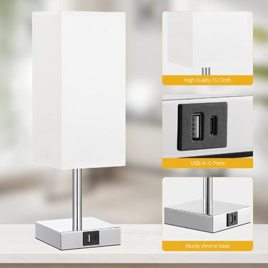 Сенсорна приліжкова лампа Kakanuo з USB A та Type-C, LED-лампою, білий абажур, металевий корпус, сучасна настільна лампа для спальні, вітальні, дитячої, готелю, офісу, біла