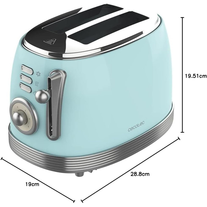 Тостер Cecotec Toast&Taste 800 Vintage Light: 850 Вт, 2 слоти, нержавіюча сталь, зелений/блакитний, 3 функції