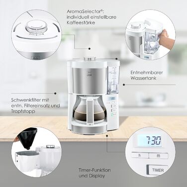 Кавоварка Melitta Look Timer з таймером, крапельна, 10 чашок, біла, скляна колба