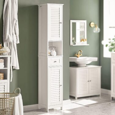 SoBuy FRG236-W Високий шафа для ванної кімнати, білий, 32x170x30 см, з відкритою полицею, шухлядою та дверцятами