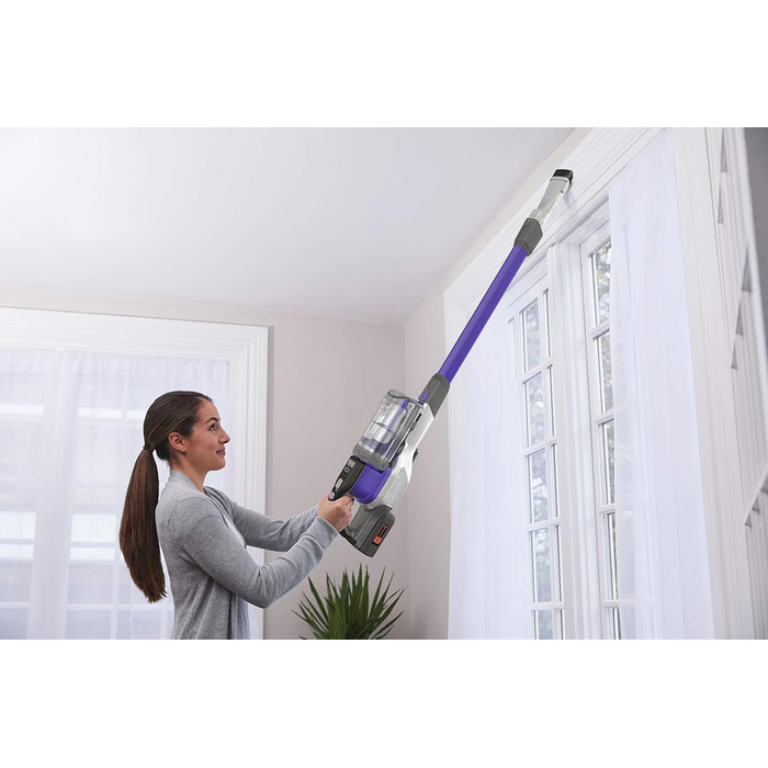 Акумуляторний пилосос BLACK+DECKER 4в1 для дому та тварин, 36В, 2.0А·год, без мішка, з електрощіткою для шерсті, 2в1 щілинна насадка, настінне кріплення, сріблясто-фіолетовий