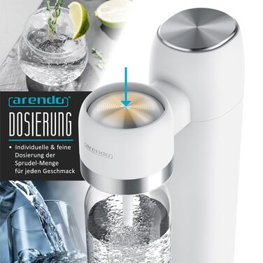 Сифон для газування води Arendo Soda Maker, набір з двома пляшками (1л пластикова BPA-free та 1л зі сталі), сумісний з циліндрами CO2 60л, білий