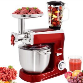 Кухонна машина Syntrox Germany 1500 Вт з м'ясорубкою, міксером та 7,5 л чашею з нержавіючої сталі, червона