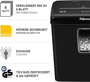 Шредер Fellowes Powershred FS-6C для дому та офісу, знищення документів (P4, 6 листів, перехресне подрібнення), чорний, 15л корзина, знищує картки та скріпки