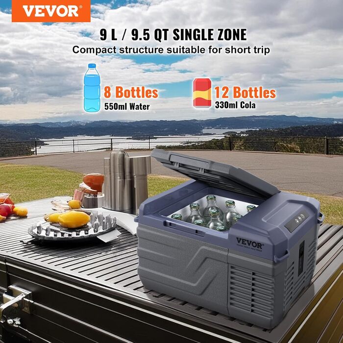 Автохолодильник VEVOR 12V/24V/220V 9л компресорний: для кемпінгу, авто, подорожей (-20°C ~ +20°C)