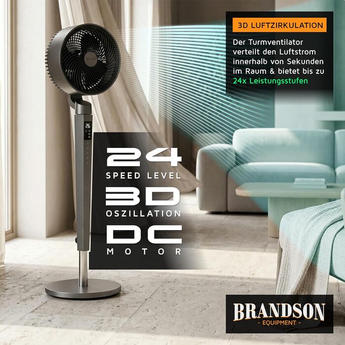 Вентилятор підлоговий Brandson 3D з DC-мотором, ECO-дизайн, надтихий. Економія енергії 60%, 24 швидкості, горизонтальне та вертикальне коливання