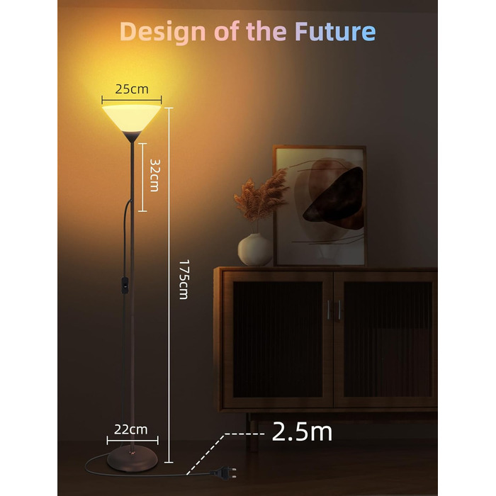 LED торшер Aigostar для вітальні та спальні, з Bluetooth Mesh G45 E27 6.5W лампою, димером, RGB та 2700K-6500K, з пультом, сумісний з Alexa