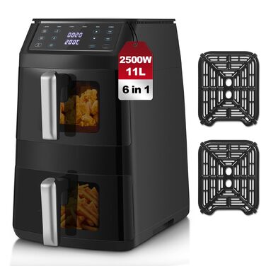 Вертикальна аерофритюрниця TopStrong з двома камерами 11л, 2500W, з вікном перегляду та 6 функціями приготування, чорна