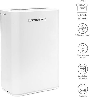 Осушувач повітря TROTEC TTK 52 E, електричний, 16 л/доба, для приміщень до 31 м², авто-вимкнення, для квартири та спальні