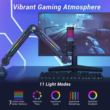 Мікрофон геймерський TONOR з RGB підсвіткою та тримачем - регульований мікрофонний кронштейн T90 з 11 ефектами для стрімінгу