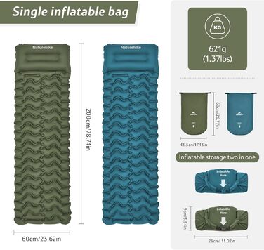 Надувний кемпінговий килимок Naturehike Ultralight з вбудованим насосом для походів та туризму, армійний зелений, одноосбовий