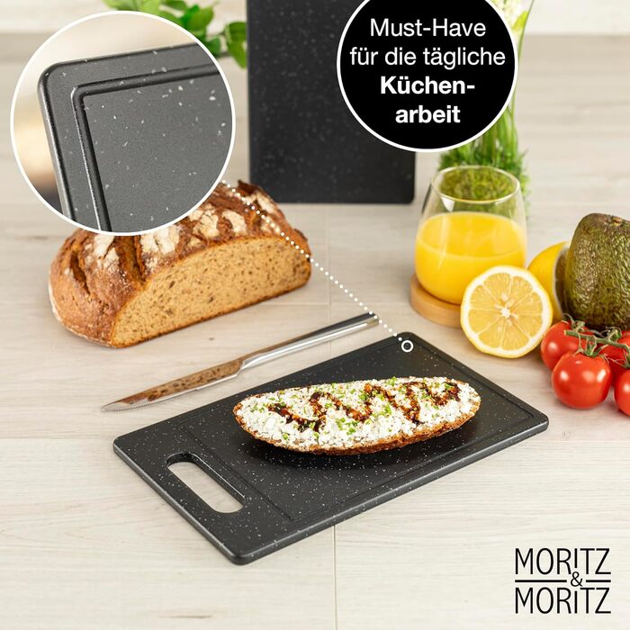 Набір 4 кухонних дошок Moritz & Moritz з пластику з соковідводом, граніт, 25x15 см, BPA Free, для нарізки, сніданку, гігієнічні, для посудомийки, чорні