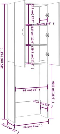 vidaXL Шафа для пральної машини в стилі старого дерева 64x25,5x190 см, полиця для ванної, шафа для пральної, меблі для ванної кімнати