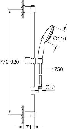 Набір для душу GROHE Vitalio 110, хром, 14 л/хв, зі змінними струменями, 60 см, для кріплення без свердління або свердління
