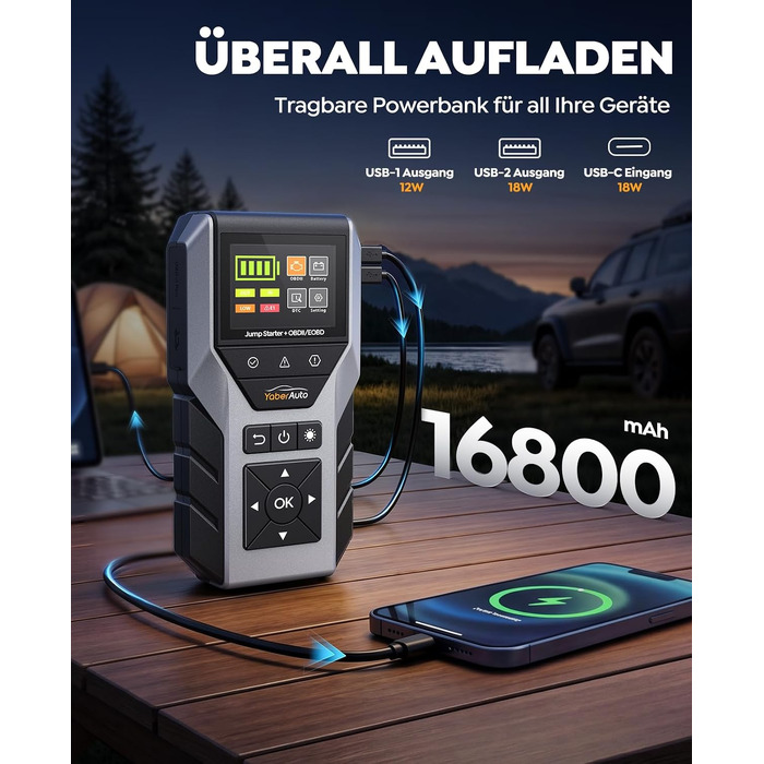Пусковий пристрій YaberAuto Jump Starter 7000A з OBD2 діагностикою та тестером акумулятора, Powerbank 16800mAh для бензинових та дизельних авто (до 10л), з LED-ліхтарем