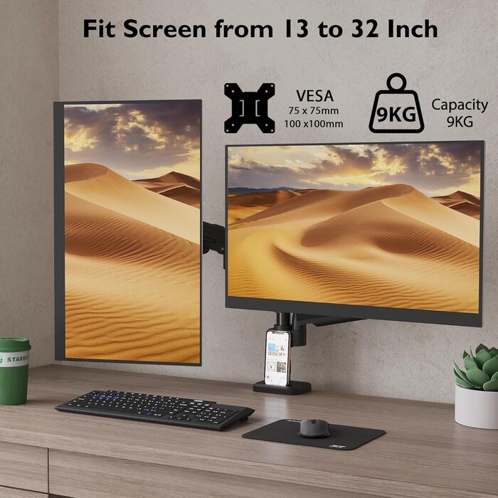 Підставка для монітора BONTEC для 2 моніторів, 13-32 дюйми, LED/LCD, 3-9 кг, регулювання висоти, нахил, поворот, VESA 75/100 мм