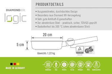 Сковорода Woll Diamond Logic XR Pro, діаметр 28 см, висота 5 см, індукційна, знімний ручка з нержавіючої сталі, антипригарне покриття, для всіх типів плит, чорна