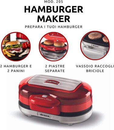 Ariete Hamburger Maker Party Time 205 – електричний сендвіч-мейкер та гриль з антипригарними пластинами, 1200 Вт, для бургерів, червоний