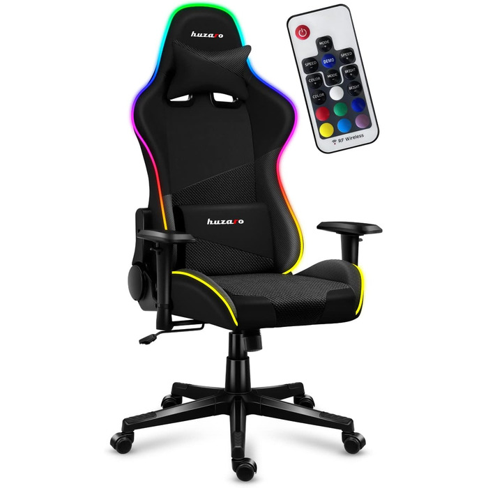 Ігрове крісло Huzaro Force 6.2 Black RGB з LED підсвіткою, еко-шкіра, тканина, карбон, до 130 кг, регульована висота, підголівник, поперекова підтримка, ергономічне, чорне