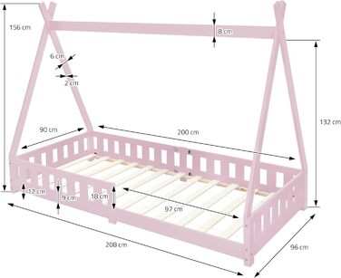 Дитяче ліжко-хатинка Tipi ML-Design 90x200 см рожеве з бортиком, дерев'яне з масиву сосни, індіанський дизайн, з ламелями, для дівчаток, ігрове ліжко-намет