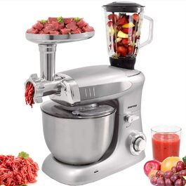 Кухонна машина Syntrox Germany KM-1300W Silver de Luxe з м'ясорубкою, міксером і 6,5 л чашею з нержавіючої сталі, 1300 Вт, срібляста