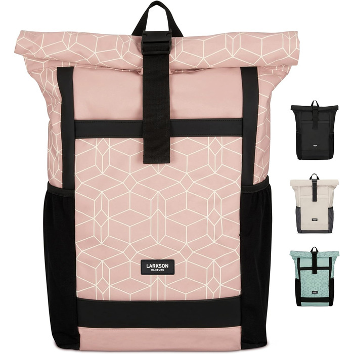 Жіночий рюкзак LARKSON Rolltop No 2, великий, рожевий з візерунком, для школи, університету, велосипеда, з відділенням для 16'' ноутбука, водовідштовхувальний, антивикрадний, екологічний