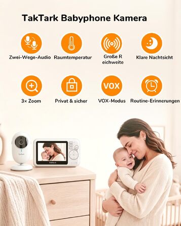 Відеоняня TakTark з камерою та екраном 4.3'', монітор дитини з функцією VOX, двостороннім зв'язком, нічним баченням, цифровим зумом та термометром