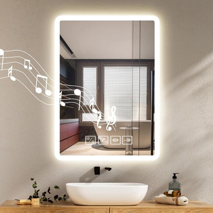 Дзеркало для ванної кімнати з підсвіткою 50x70 см з Bluetooth, годинником, функцією проти запотівання та сенсорним вимикачем