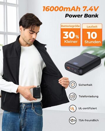 Зігріваюча флісова жилетка для чоловіків з акумулятором 16000mAh, 9 зон підігріву, колір чорний, розмір L