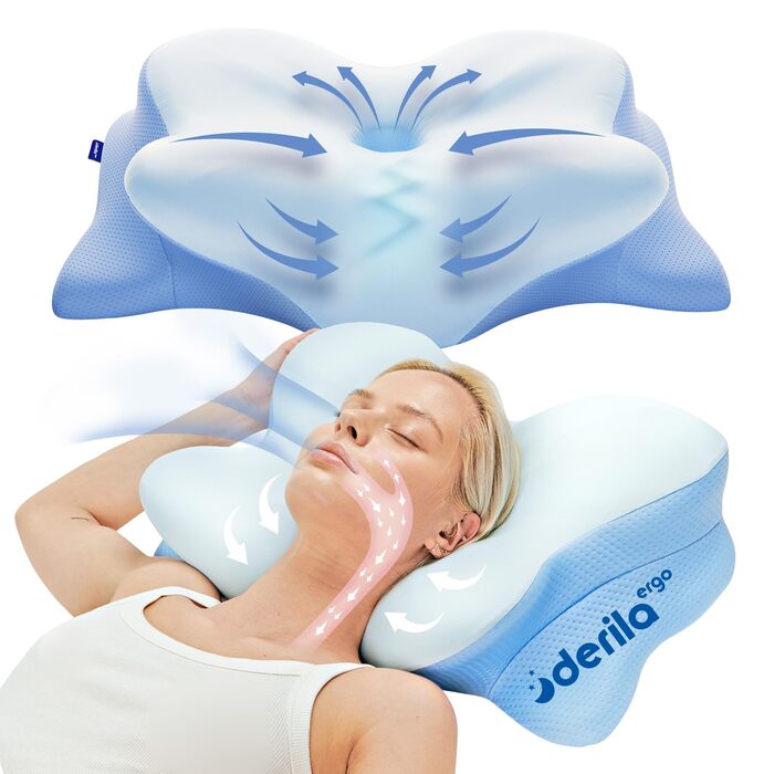 Ергономічна подушка для шиї та голови Derila з ефектом пам'яті (Memory Foam), ортопедична підтримка для сну на боці, спині та животі, 54x36x12 см