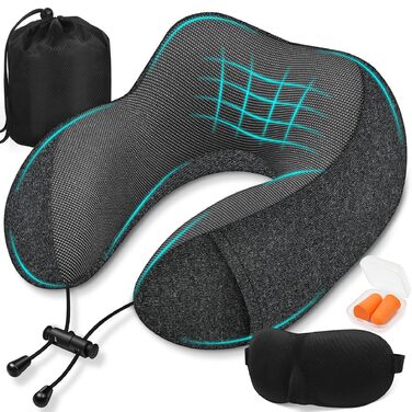 Подушка під шию для подорожей з ефектом пам'яті (Memory Foam) з 3D-маскою для сну та берушами, сіра