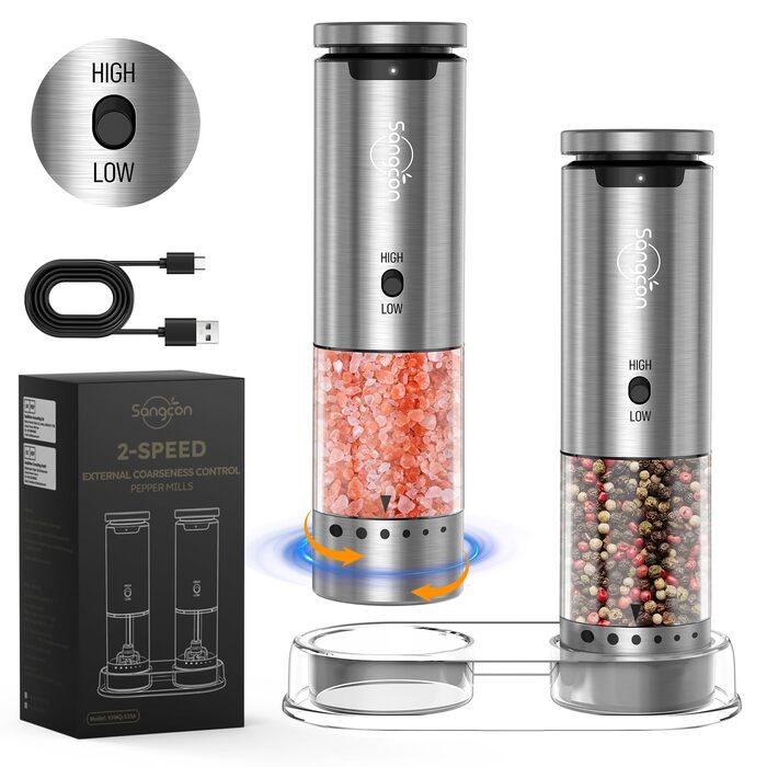 Електричний набір млинків для солі та перцю Sangcon, акумуляторні, 6 рівнів помолу, 2 швидкості, з док-станцією для зарядки, сріблясті