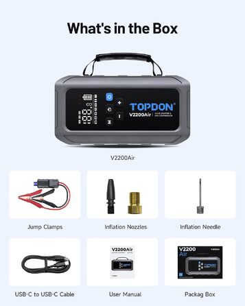 Пусковий пристрій TOPDON V2200 Air Jump Starter з компресором 150 PSI, бустер для авто (бензин до 8Л, дизель до 6Л), струм 2200А, LED-ліхтарем
